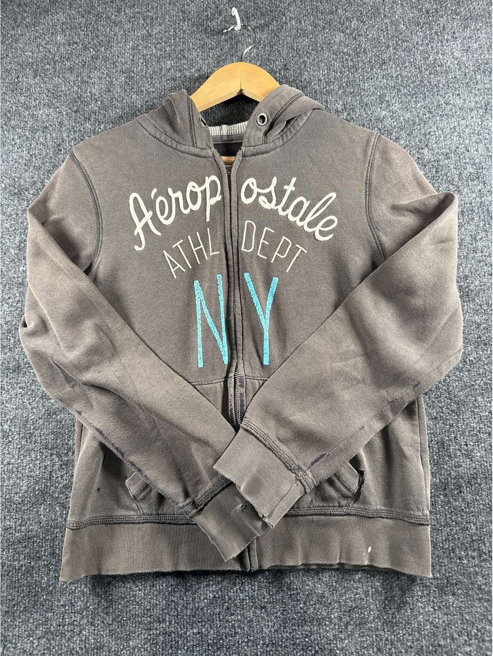 Aeropostale Eighty Seven NY Full Zip Hoodie Gray Large Distressed Worn